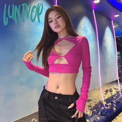 Lunivop Sexy Cross Halter Hollow Out Cropped T-Shirt Women Long Sleeve Slim Fit Rose Red Tee Shirts