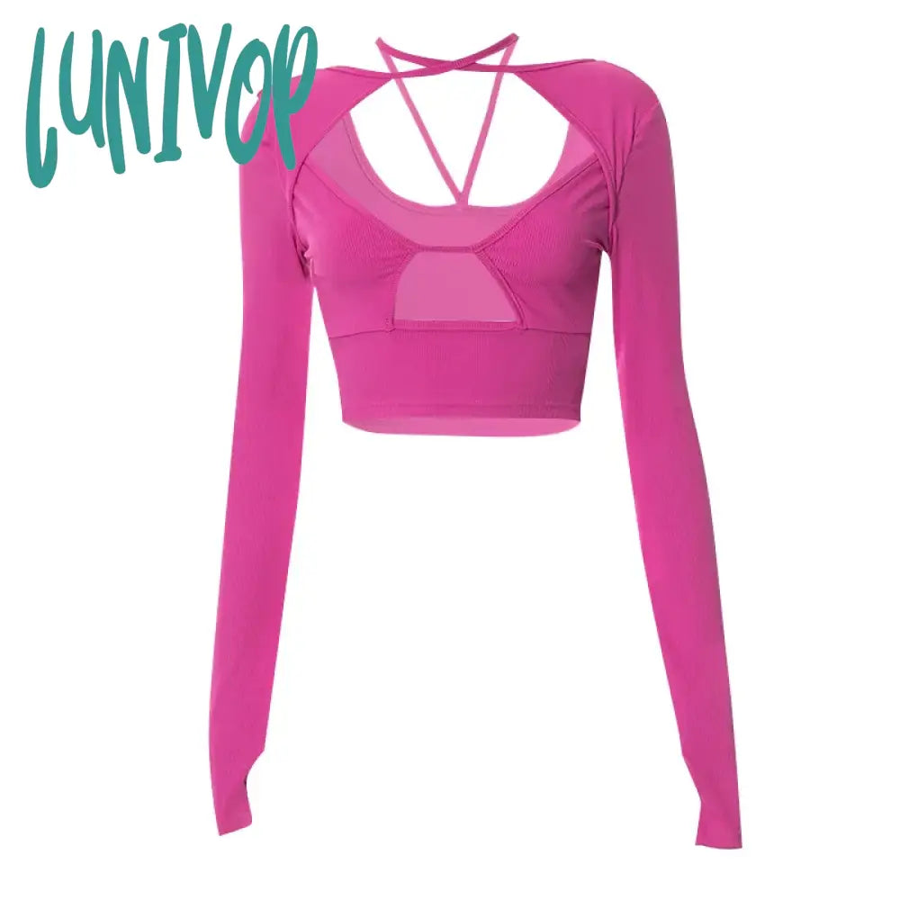 Lunivop Sexy Cross Halter Hollow Out Cropped T-Shirt Women Long Sleeve Slim Fit Rose Red Tee Shirts