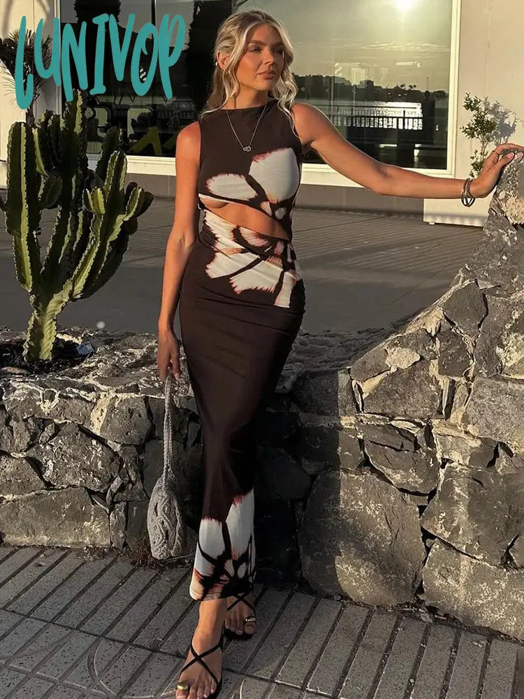 Lunivop Sexy Cut Out Flower Print Maxi Dress Women’s Summer Fashion Sleeveless Beach Split Slim
