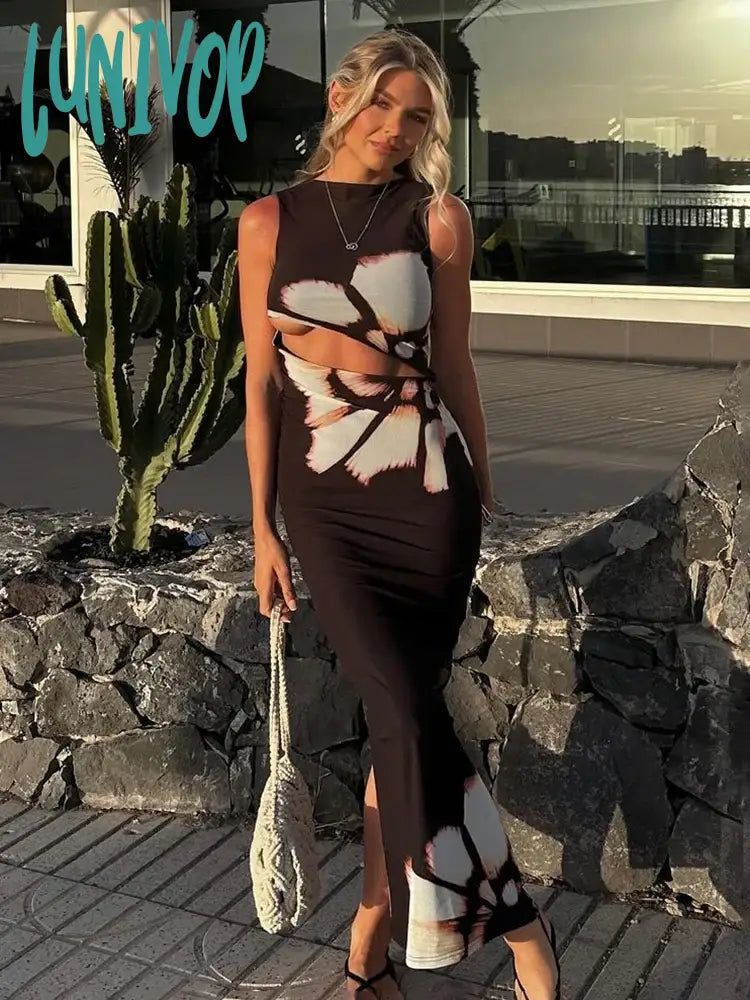 Lunivop Sexy Cut Out Flower Print Maxi Dress Women’s Summer Fashion Sleeveless Beach Split Slim