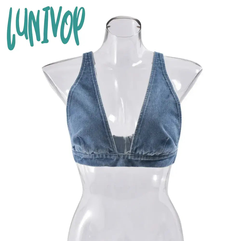 Lunivop Sexy Denim Crop Top For Women Deep V-Neck Button-Down Backless Vintage Solid Hot Gril Y2K