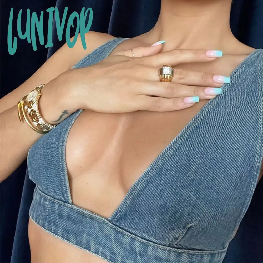 Lunivop Sexy Denim Crop Top For Women Deep V-Neck Button-Down Backless Vintage Solid Hot Gril Y2K