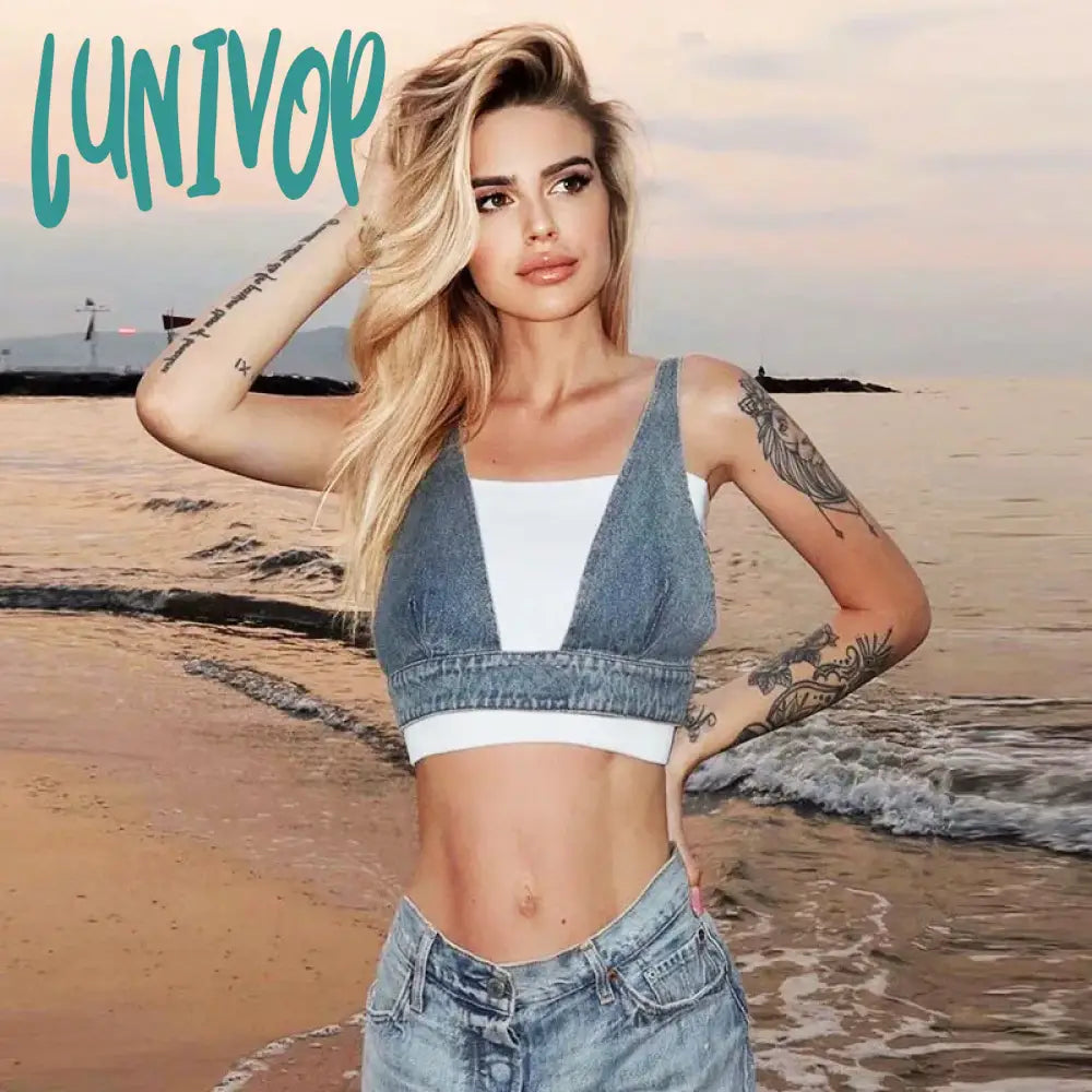 Lunivop Sexy Denim Crop Top For Women Deep V-Neck Button-Down Backless Vintage Solid Hot Gril Y2K