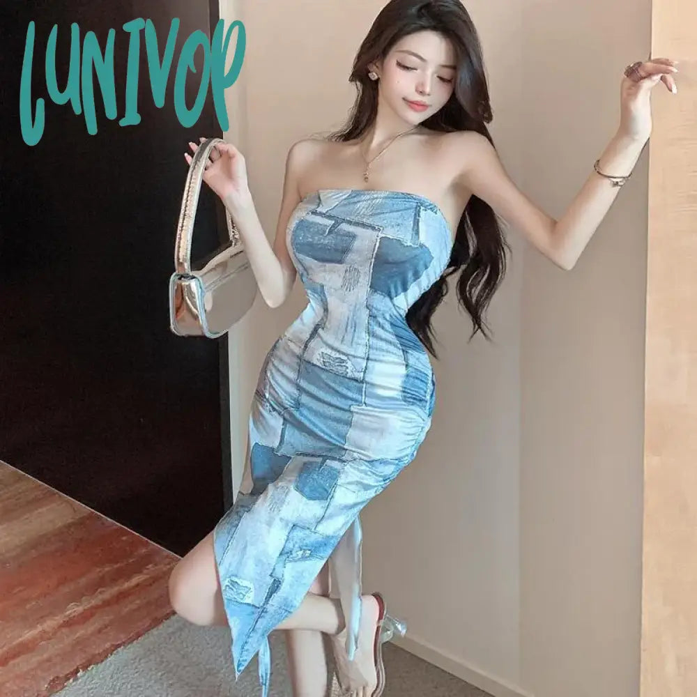 Lunivop Sexy Denim Gradient Print Irregular Strapless Dress Women Backless Split Party Summer Y2K