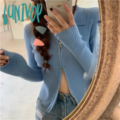 Lunivop Sexy Double Zippers Knitted Cardigan Women High Street Turn-Down Long Sleeve Knit Sweater