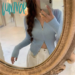 Lunivop Sexy Double Zippers Knitted Cardigan Women High Street Turn-Down Long Sleeve Knit Sweater