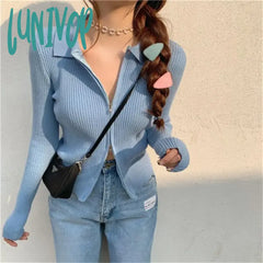 Lunivop Sexy Double Zippers Knitted Cardigan Women High Street Turn-Down Long Sleeve Knit Sweater