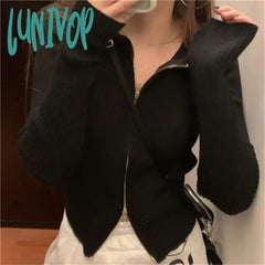 Lunivop Sexy Double Zippers Knitted Cardigan Women High Street Turn-Down Long Sleeve Knit Sweater