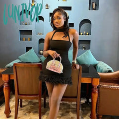Lunivop Sexy Fashion Hollow Out Bottom Fur Women Dress 2024 Spring Fit Short Dresses Solid Color