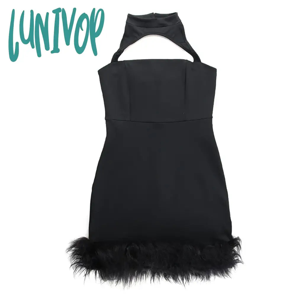 Lunivop Sexy Fashion Hollow Out Bottom Fur Women Dress 2024 Spring Fit Short Dresses Solid Color