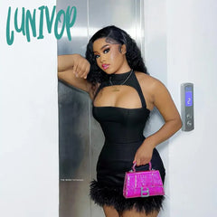 Lunivop Sexy Fashion Hollow Out Bottom Fur Women Dress 2024 Spring Fit Short Dresses Solid Color