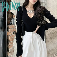 Lunivop Sexy Hollow Out Slim Women Sweater Autumn Winter V-Neck Long Sleeve Knitting Pullover Soft