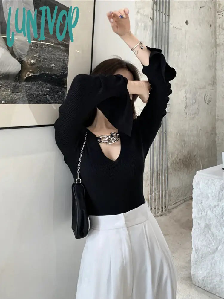 Lunivop Sexy Hollow Out Slim Women Sweater Autumn Winter V-Neck Long Sleeve Knitting Pullover Soft