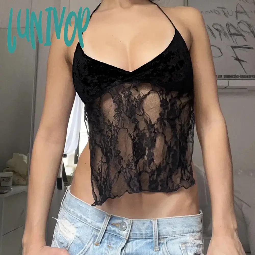 Lunivop Sexy Hook Floral Lace Patchwork Halter Camis For Holiday Party Coquette Backless Bandage