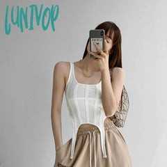 Lunivop Sexy Irregular Cropped Tops Fishbone Thread Vest Women Summer Knit Tank Top Solid Color