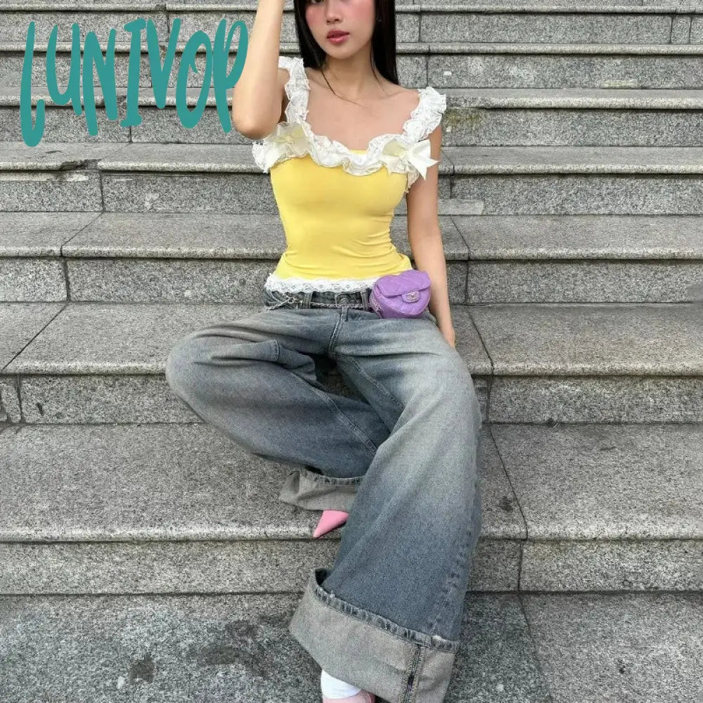 Lunivop Sexy Lace One-Shoulder Sleeveless Cropped Top For Women Strapless Splice Slim Fashion Y2K