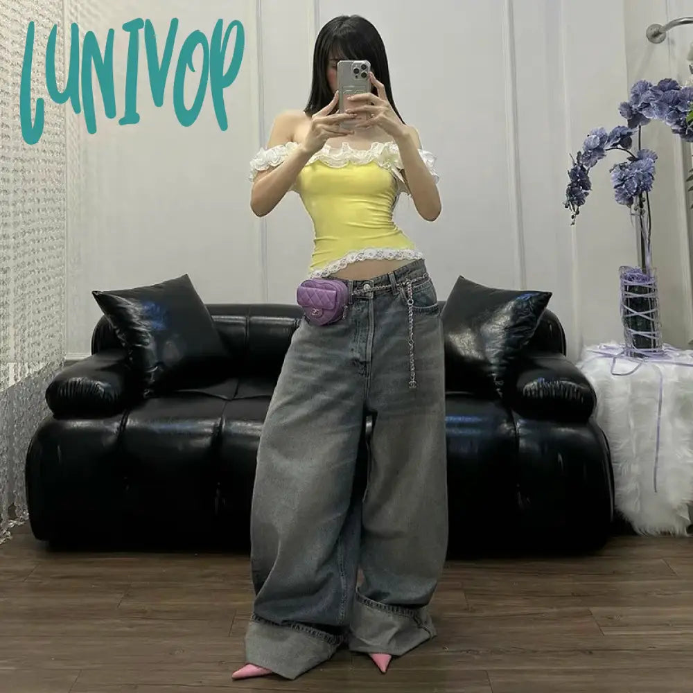 Lunivop Sexy Lace One-Shoulder Sleeveless Cropped Top For Women Strapless Splice Slim Fashion Y2K