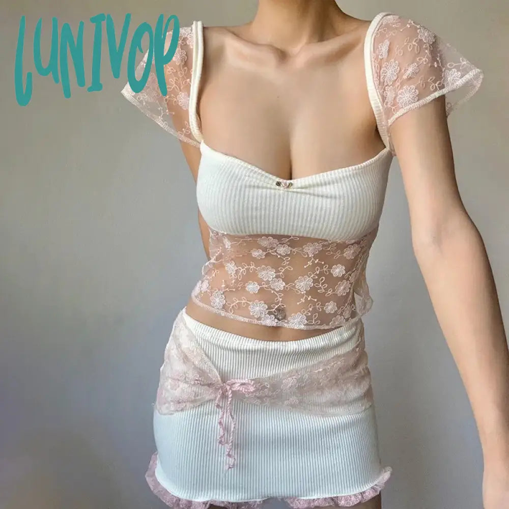 Lunivop Sexy Lace Patchwork Aesthetic Kawaii Sweet T Shirt Women 2024 Summer Fashion Short Sleeve