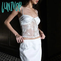 Lunivop Sexy Lace Patchwork Crop Top Vintage Y2K Sleeveless Casual Bandage Camisole Women Club