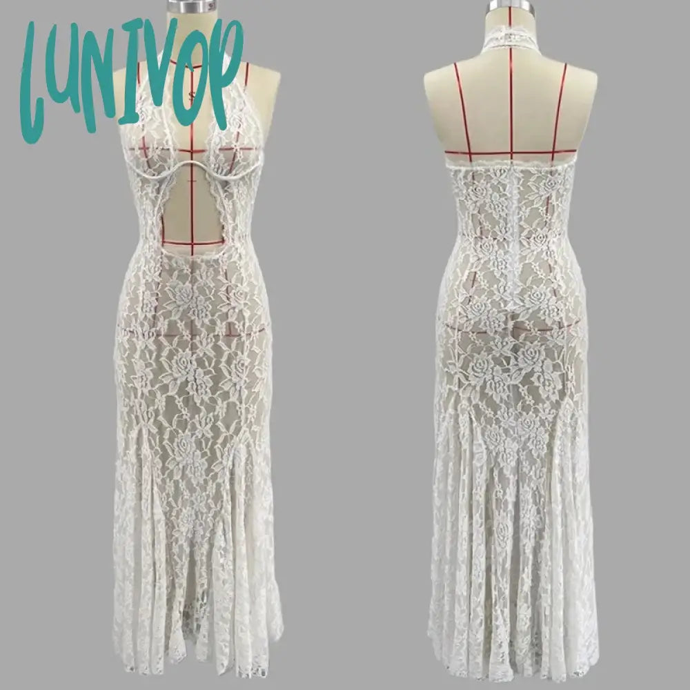 Lunivop Sexy Lace See Through Hollow Out Maxi Dress Womens Elegant Summer White Holiday Beachwear