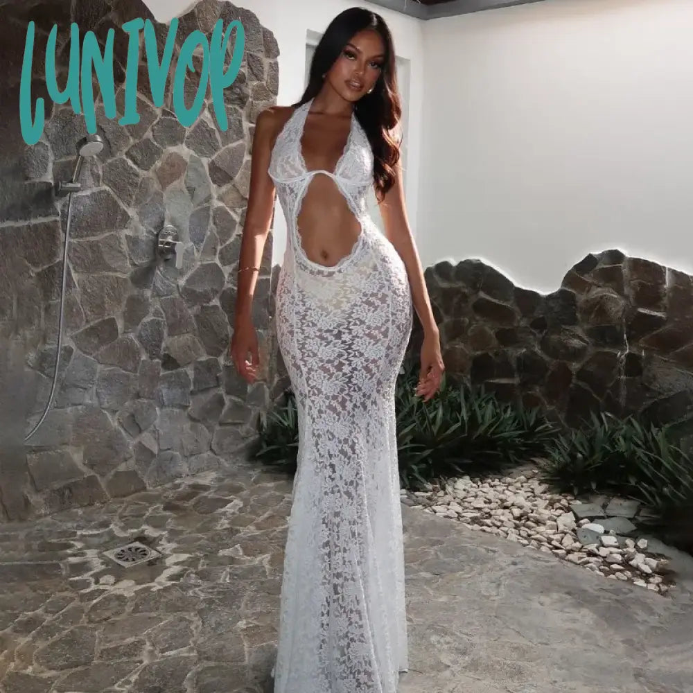 Lunivop Sexy Lace See Through Hollow Out Maxi Dress Womens Elegant Summer White Holiday Beachwear