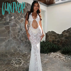 Lunivop Sexy Lace See Through Hollow Out Maxi Dress Womens Elegant Summer White Holiday Beachwear