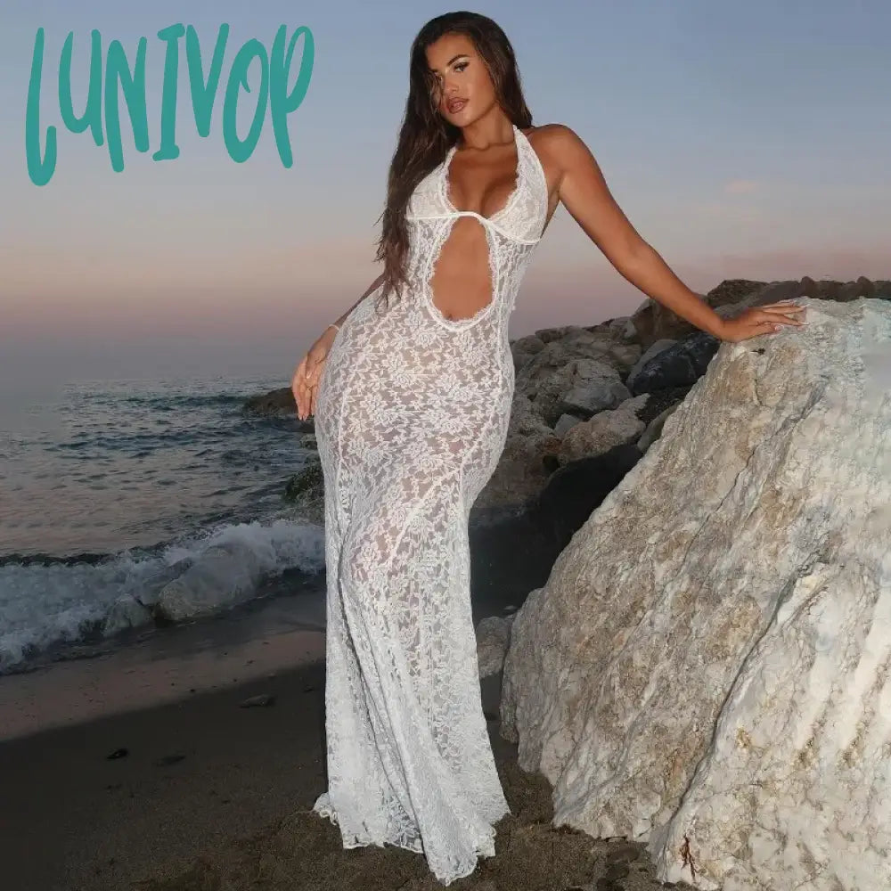 Lunivop Sexy Lace See Through Hollow Out Maxi Dress Womens Elegant Summer White Holiday Beachwear