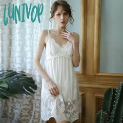 Lunivop Sexy Night Gown And Robe Sets Women White Lace Tulle Sleepwear Vintage Victorian Dress