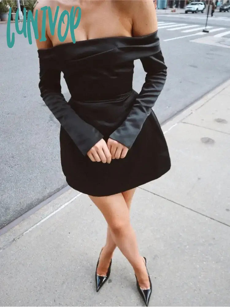 Lunivop Sexy Off Shoulder Mini Dress For Women Solid High Waist Long Sleeve Slits A-Line Dresses