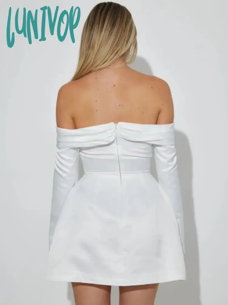 Lunivop Sexy Off Shoulder Mini Dress For Women Solid High Waist Long Sleeve Slits A-Line Dresses