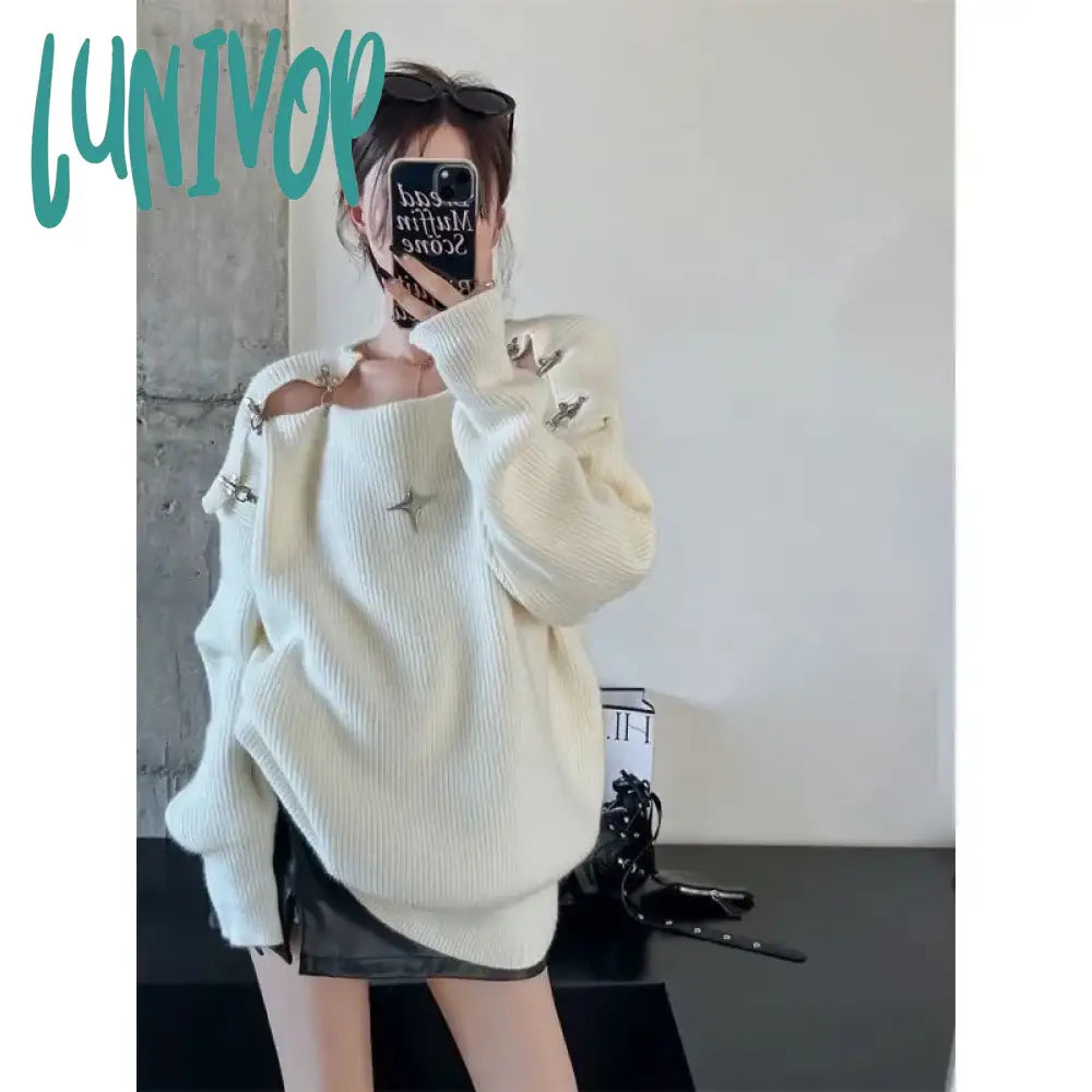Lunivop Sexy Off Shoulder Slash Neck Pullover Sweater Autumn Loose Casual Solid Jumpers Harajuku