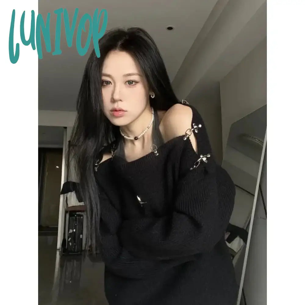 Lunivop Sexy Off Shoulder Slash Neck Pullover Sweater Autumn Loose Casual Solid Jumpers Harajuku