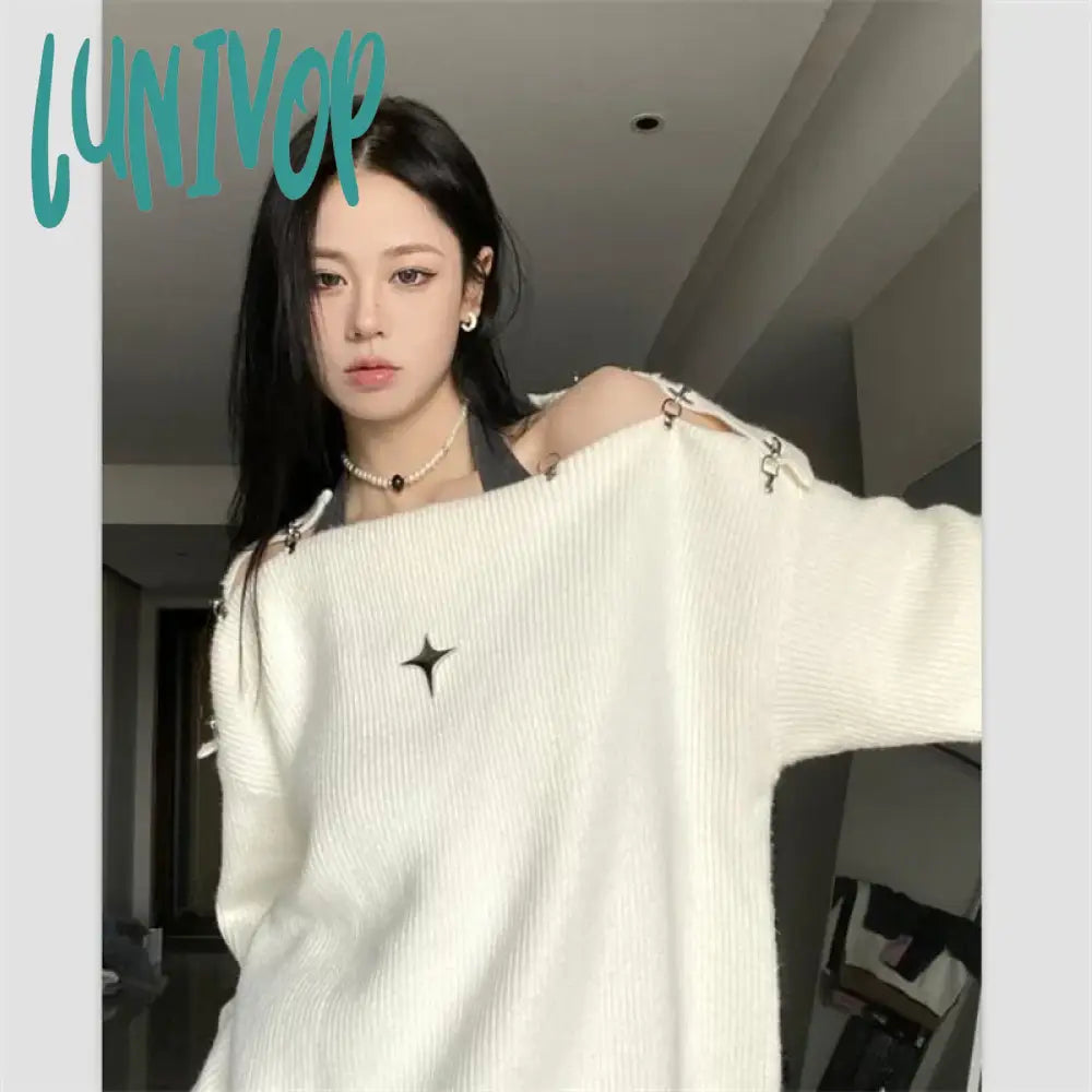 Lunivop Sexy Off Shoulder Slash Neck Pullover Sweater Autumn Loose Casual Solid Jumpers Harajuku