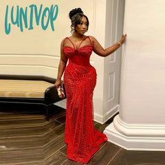 Lunivop Sexy Red Aso Ebi Mermaid Prom Dresses Lace Pearls Beaded Spaghetti Evening Gowns African