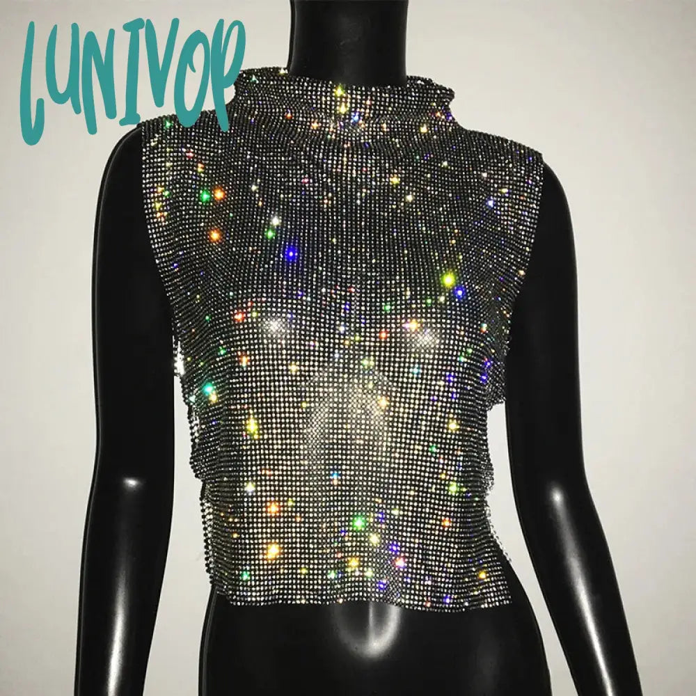 Lunivop Sexy Rhinestone Backless Party Crop Top Women Glitter Turtleneck Tshirt Adjustable Metal