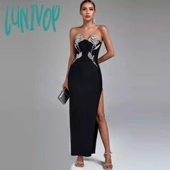 Lunivop Sexy Rose Embroidered Bandage Dress Long Black Bodyocn Vestidos De Fiesta Robes Longues