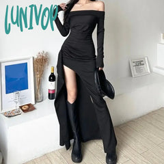 Lunivop Sexy Ruched Slash Neck Vestidos Mujer Y2K E-Girl Long Sleeve Black Dress For Women