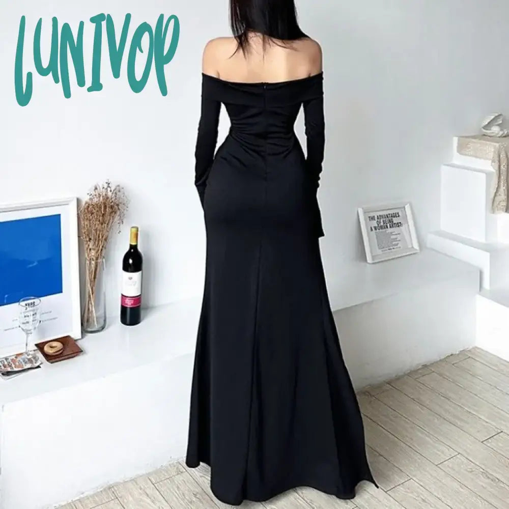 Lunivop Sexy Ruched Slash Neck Vestidos Mujer Y2K E-Girl Long Sleeve Black Dress For Women