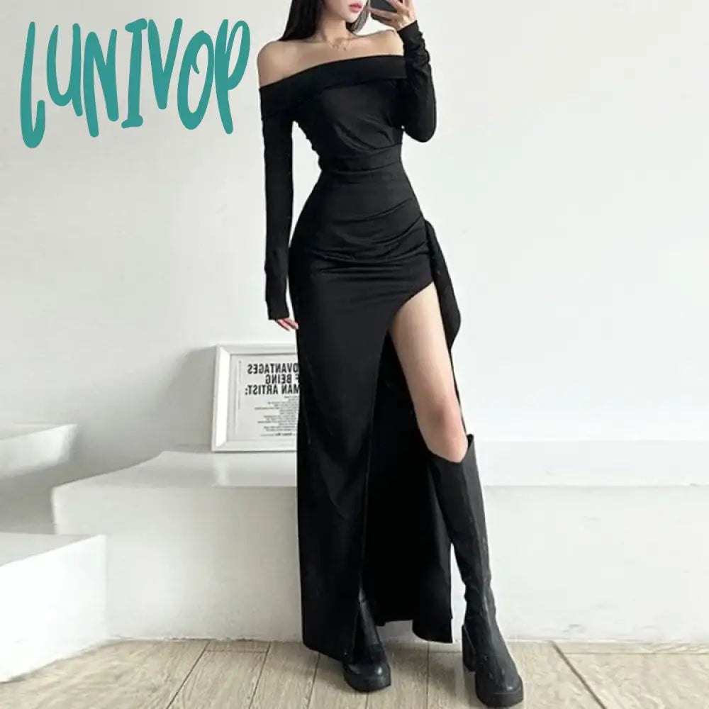 Lunivop Sexy Ruched Slash Neck Vestidos Mujer Y2K E-Girl Long Sleeve Black Dress For Women