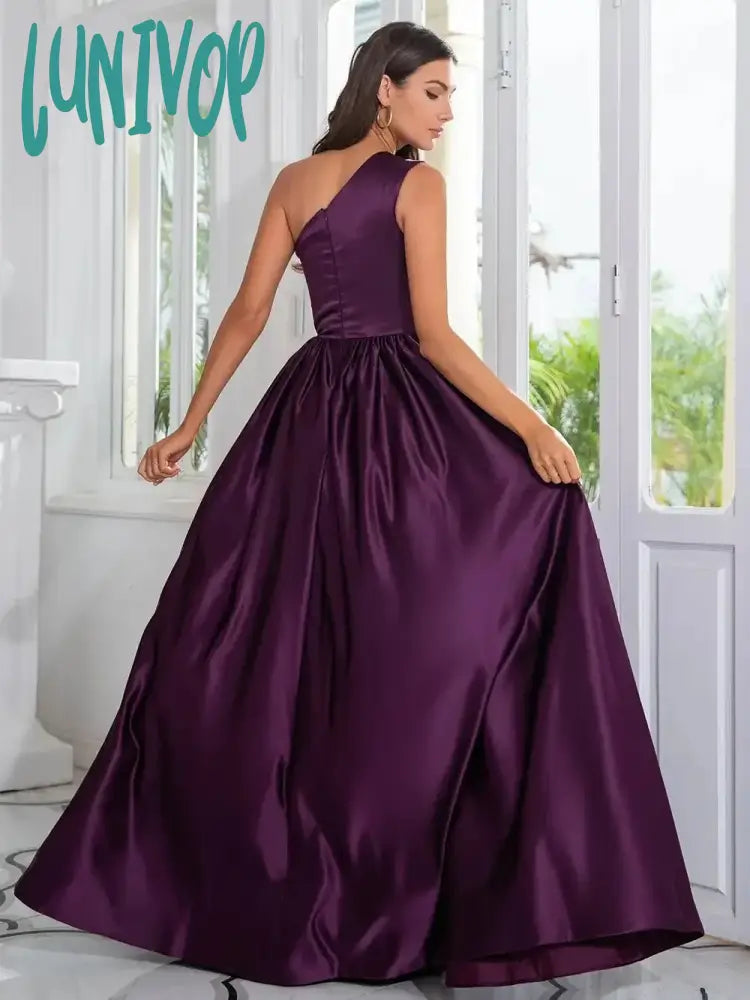 Lunivop Sexy Satin Purple A-Line Prom Dresses Side Split Evening Dress 2024 One Shoulder Gowns A