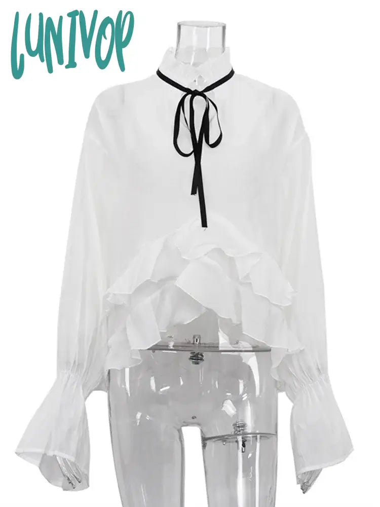 Lunivop Sexy See-Through White Shirt Female Lace Up Ruffled Collar Long Sleeve Blouse 2024 Autumn