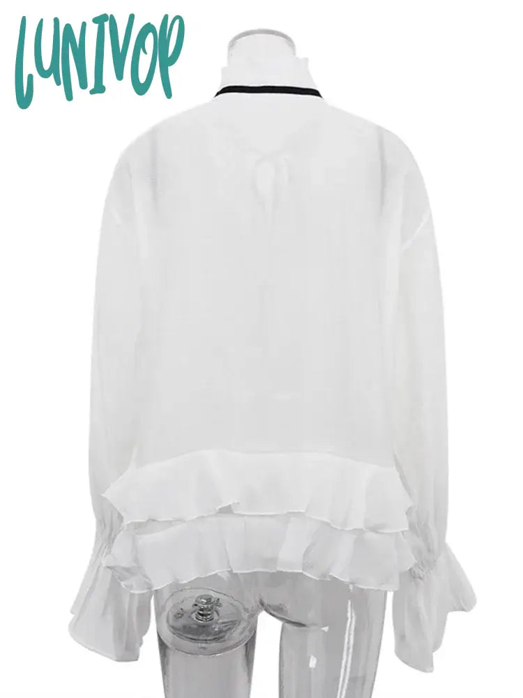 Lunivop Sexy See-Through White Shirt Female Lace Up Ruffled Collar Long Sleeve Blouse 2024 Autumn