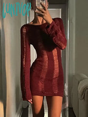 Lunivop Sexy Sheer Knitted Dress Women Bodycon Long Sleeve Hollow Out Mini Dresses Femme Club