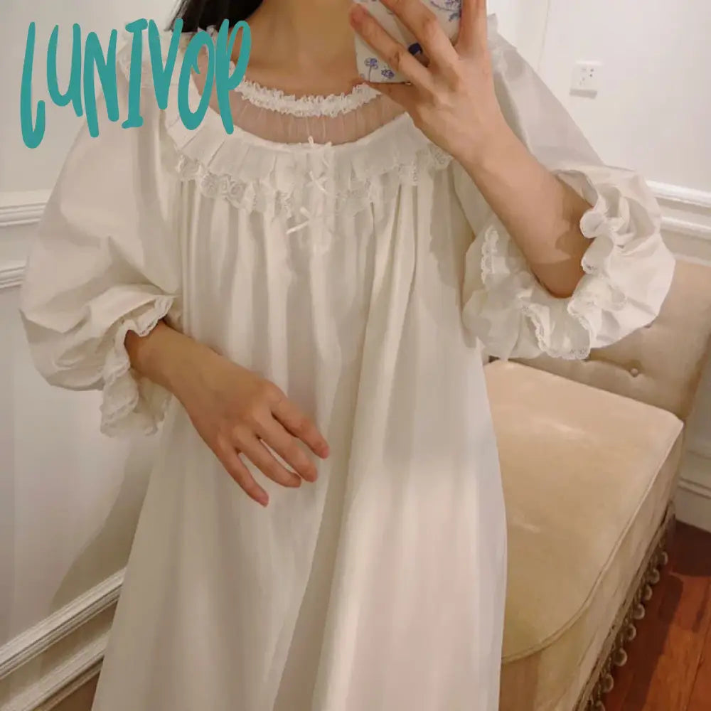 Lunivop Sexy Sleepwear Princess Nightwear Women Cotton Lace Trim Long Robe Peignoir Victorian Night