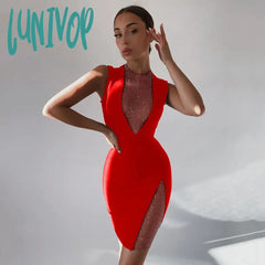 Lunivop Sexy Sleeveless Short Mesh Diamond Bodycon Bandage Dress Vestidos Para Mujer Summer Prom