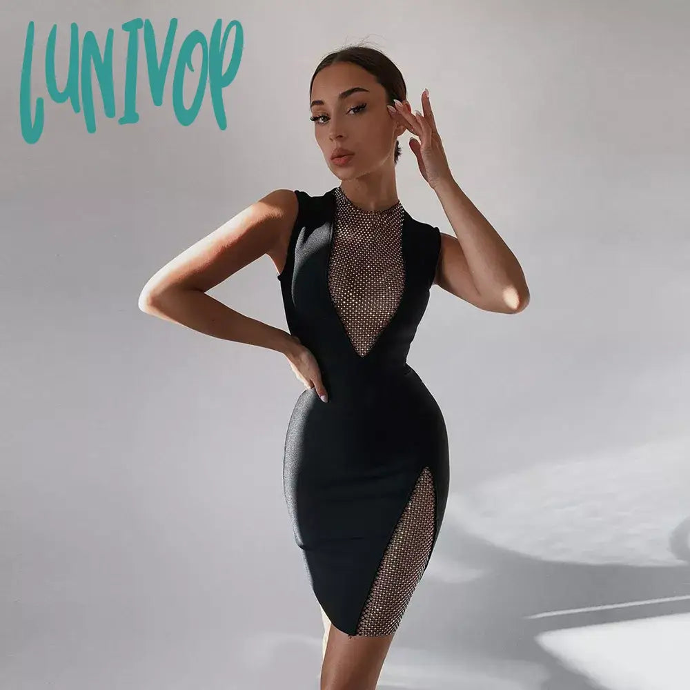 Lunivop Sexy Sleeveless Short Mesh Diamond Bodycon Bandage Dress Vestidos Para Mujer Summer Prom