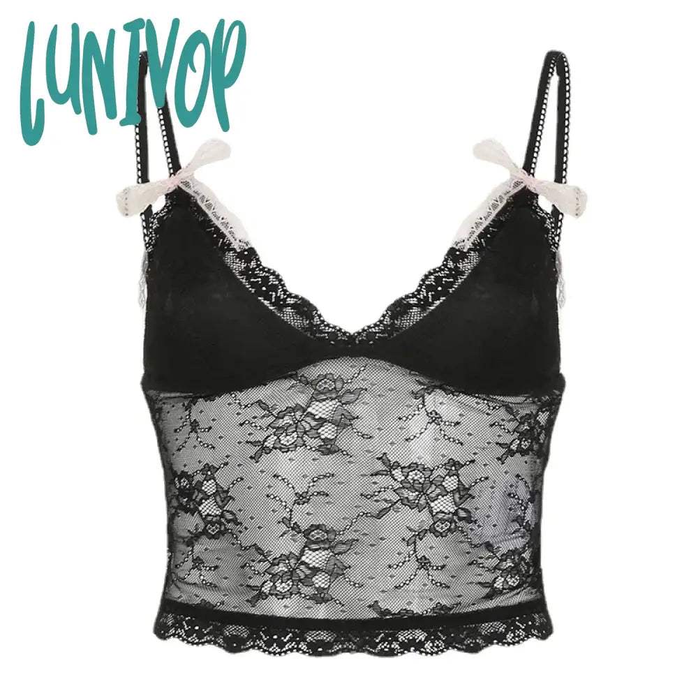 Lunivop Sexy Slim Lace Camis Tops See Through Solid Bow Deep B-Neck Sleeveless Crop Women 2024