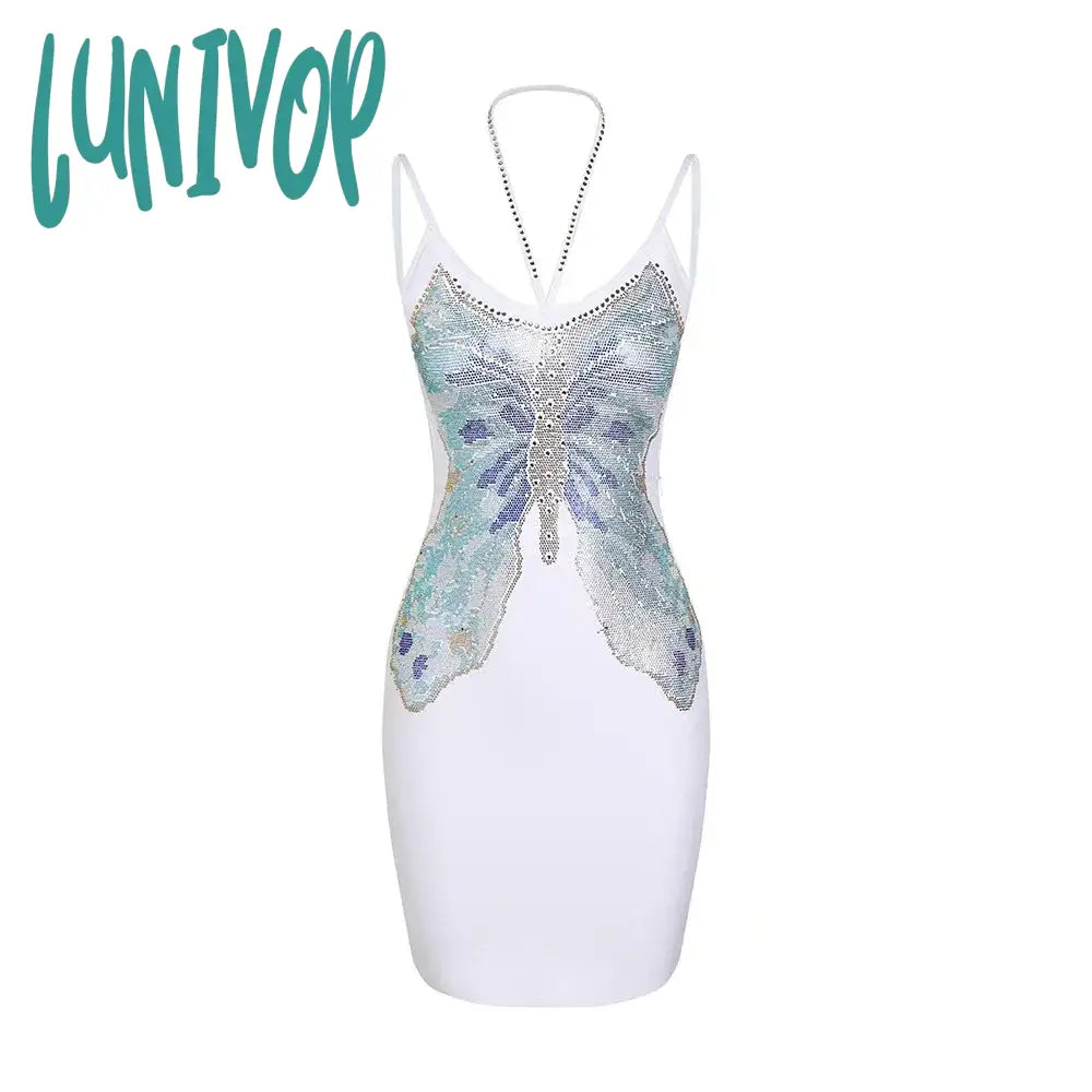 Lunivop Sexy Spaghetti Strap Butterfly Bodycon Bandage Dress Vestidos Para Mujeres White Black Mini