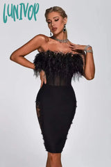 Lunivop Sexy Strapless Bodycon Feather Mesh Black Bandage Dress Elegant Women Midi Nuevo En