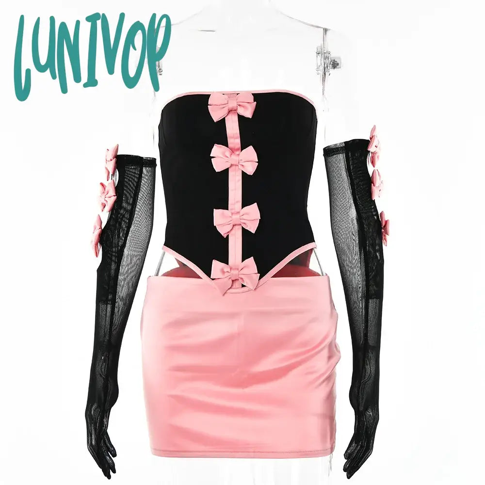 Lunivop Sexy Strapless Bows Trim Women Two Piece Sets Black Gloves Corset Tops Pink Skirts Female